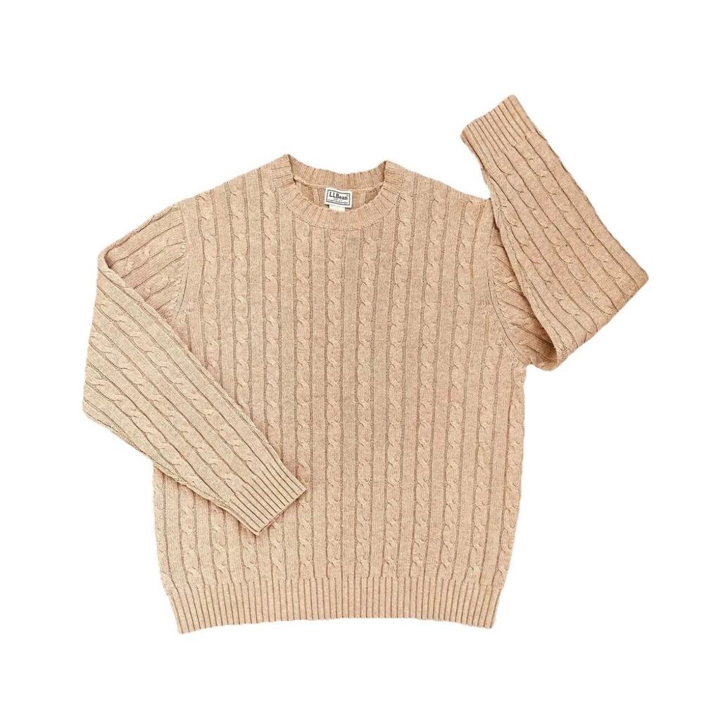Vintage L.L. Bean Cable Knit Pullover Sweater Tan Wool Blend Preppy Fisherman XL